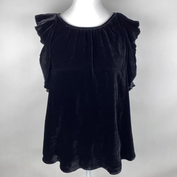 GAP Black Velvet Silk Blend Tank Top Ruffle Sleeve Trim Shirt Blouse NEW - Picture 1 of 5